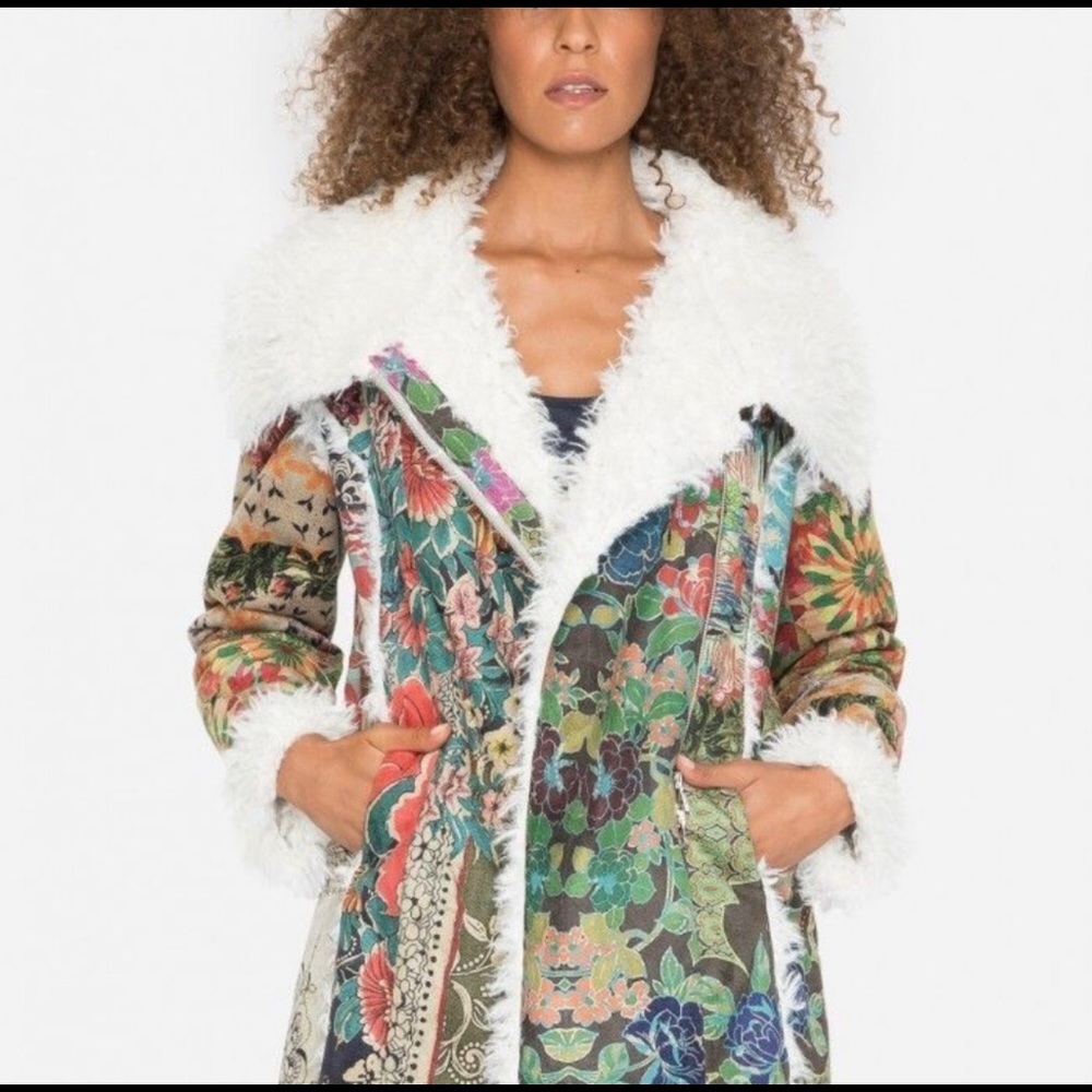 Biya by Johnny Was Behemet Printed Suede Sherpa Lined Coat.